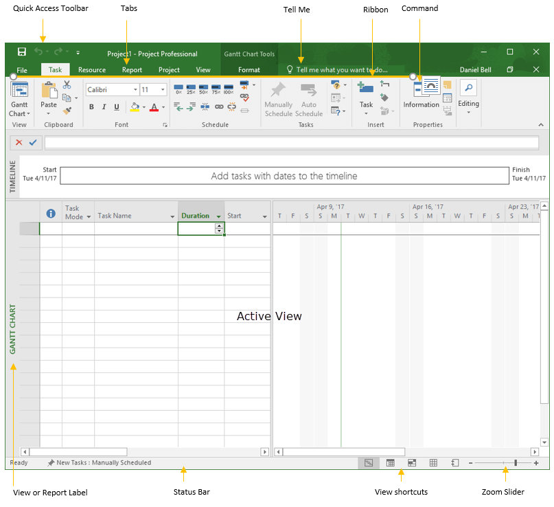 Microsoft Project Professional project view with Gantt Chart