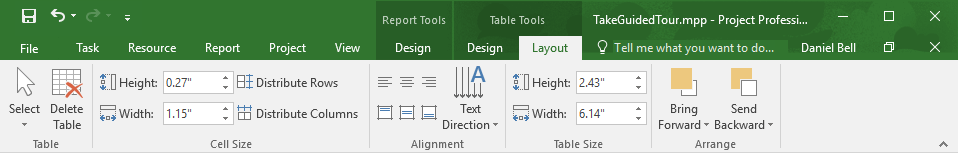 microsoft project professional - report table tools layout tab