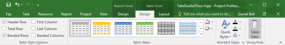 microsoft project professional - report tools design tab - table styles section