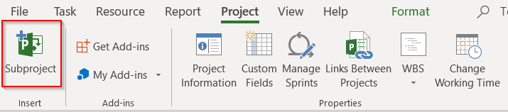 click on the subproject button on the Project tab in Microsoft Project