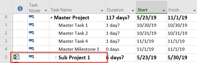 a project icon indicator appears in the indicators column of the table in Microsoft Project noting this is a subproject
