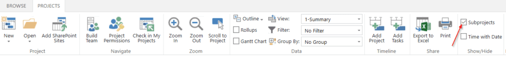 select the subprojects checkbox on the ms project ribbon