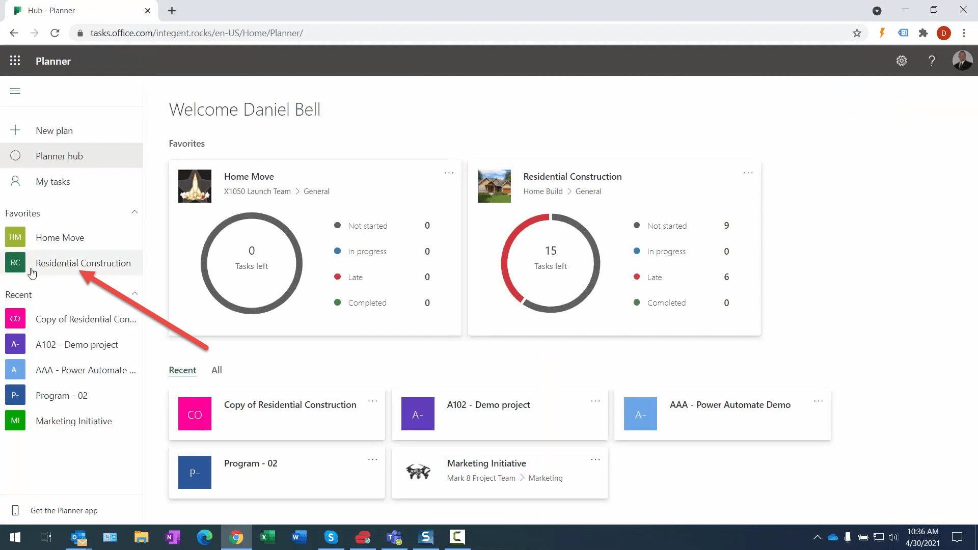 Microsoft Planner shows my project in the Favorits navigation in on the left