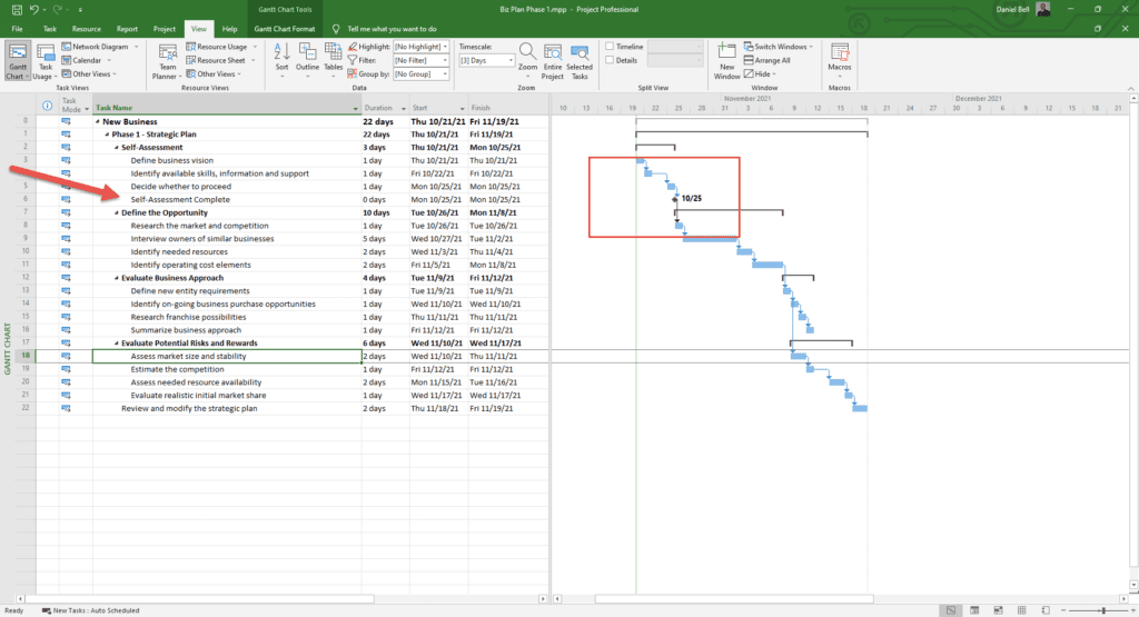 milestones with 0 duration in microsoft project - full screen