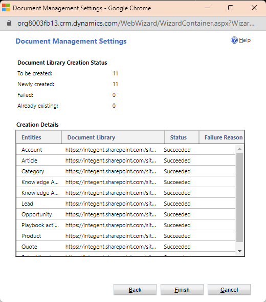 doc mgt settings - doc library creation status