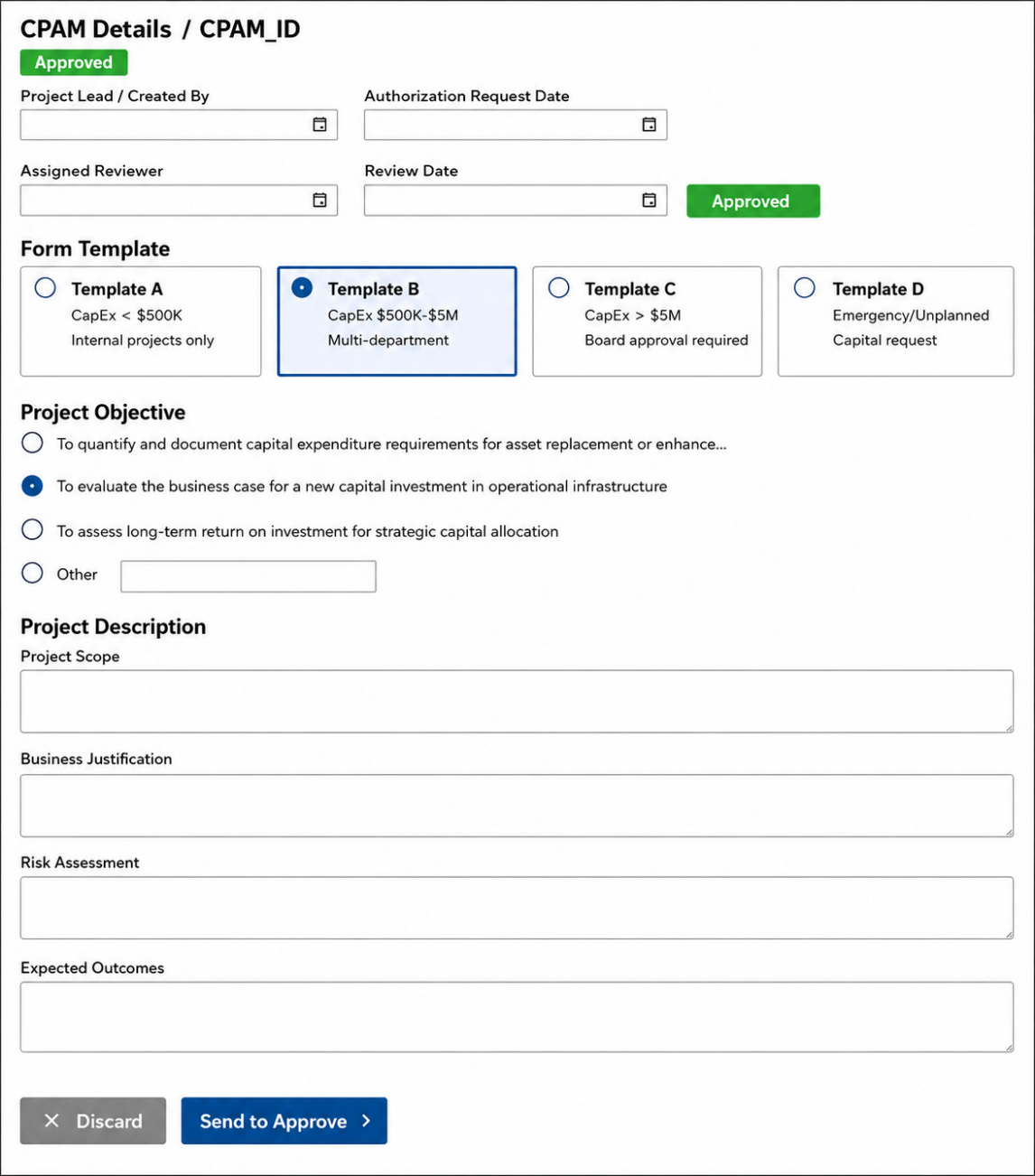 CPAM supports four form templates: Template A (CapEx under $500K), Template B (CapEx $500K to $5M), Template C (CapEx over $5M), and Template D (Emergency/Unplanned).