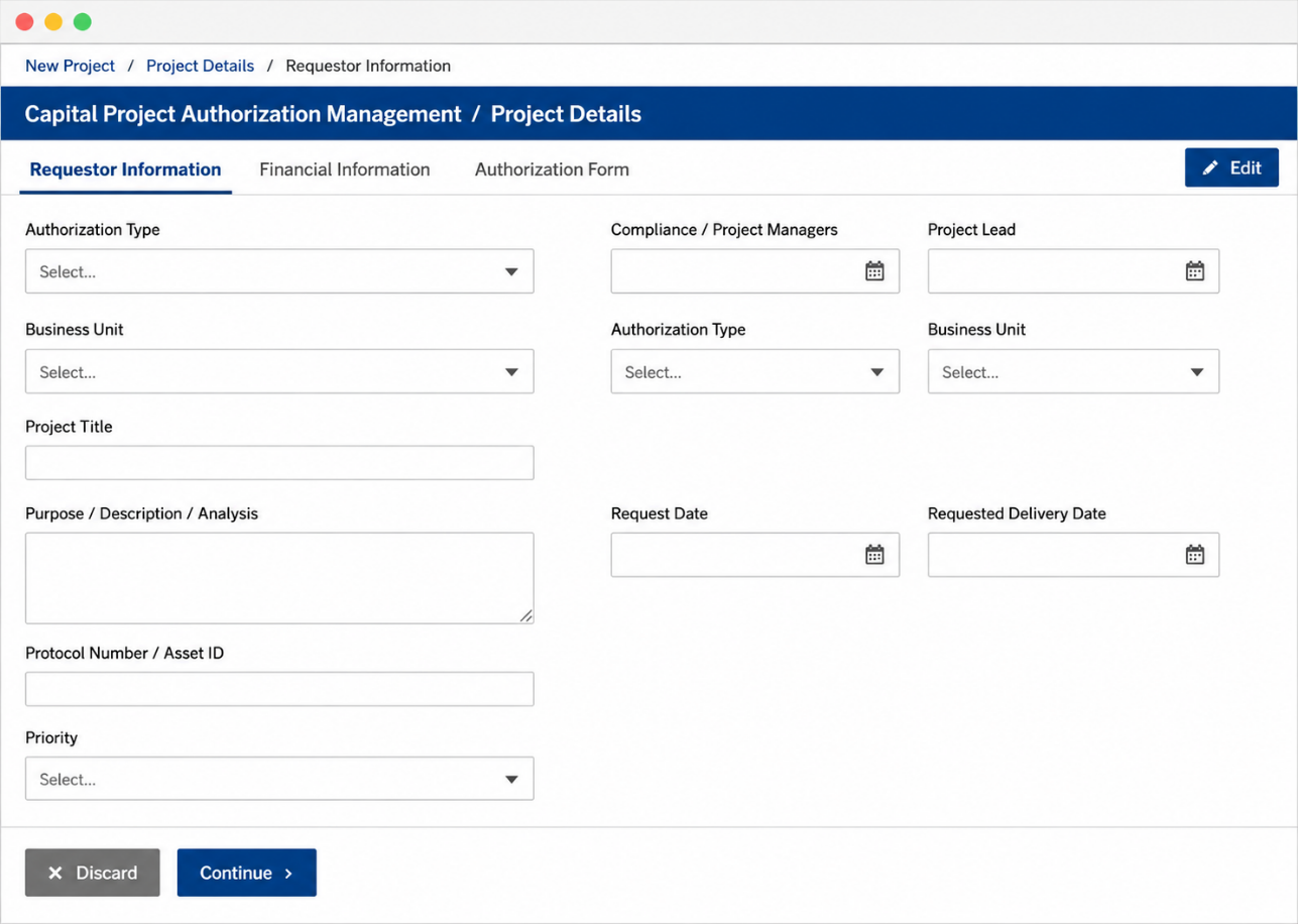 The CPAM Project Details form captures all required requestor, financial, and authorization information in a structured, tabbed layout.