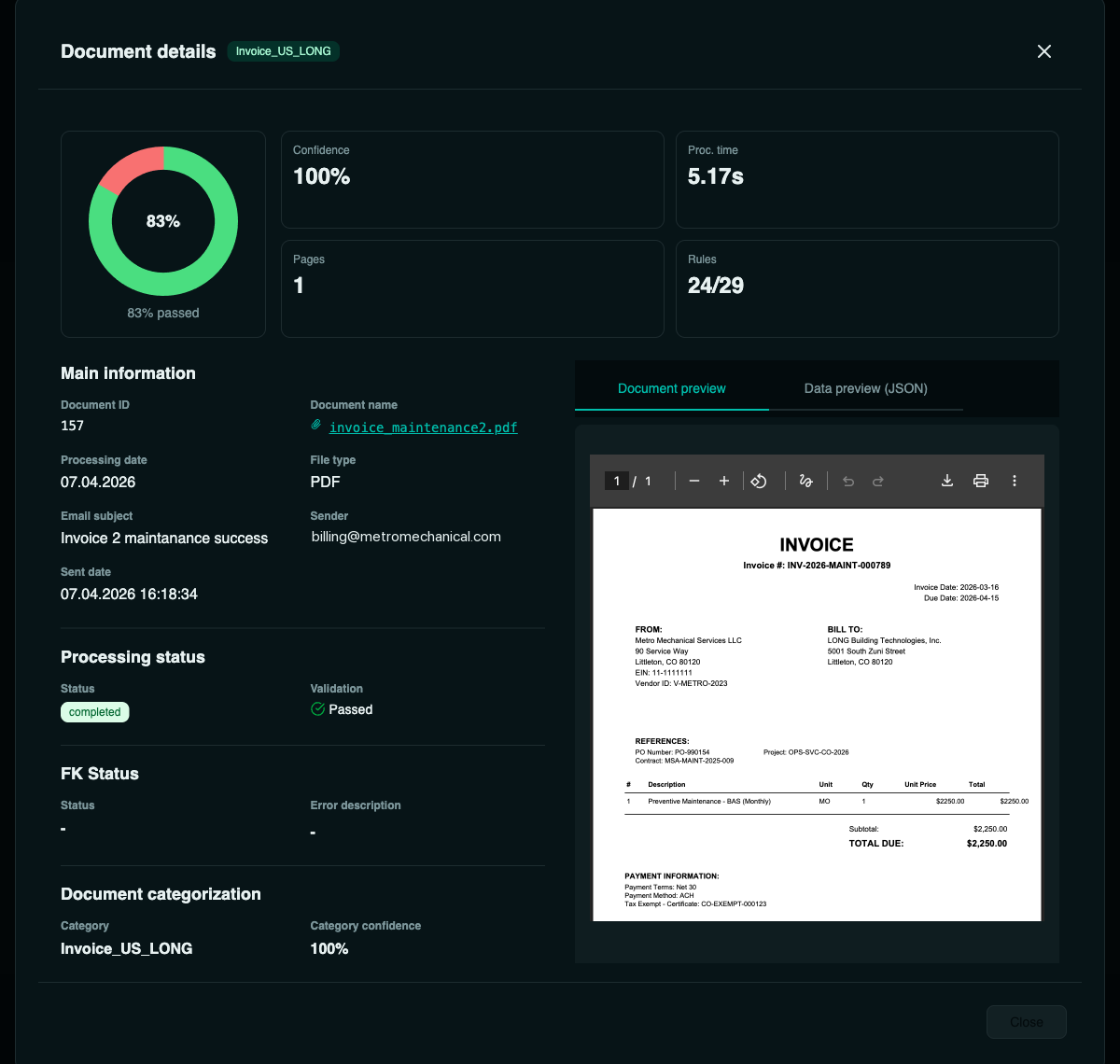 The custom AI agent's invoice detail view: extracted fields (seller, buyer, PO number, payment terms, tax status) beside the original PDF, with a confidence score and validation result.